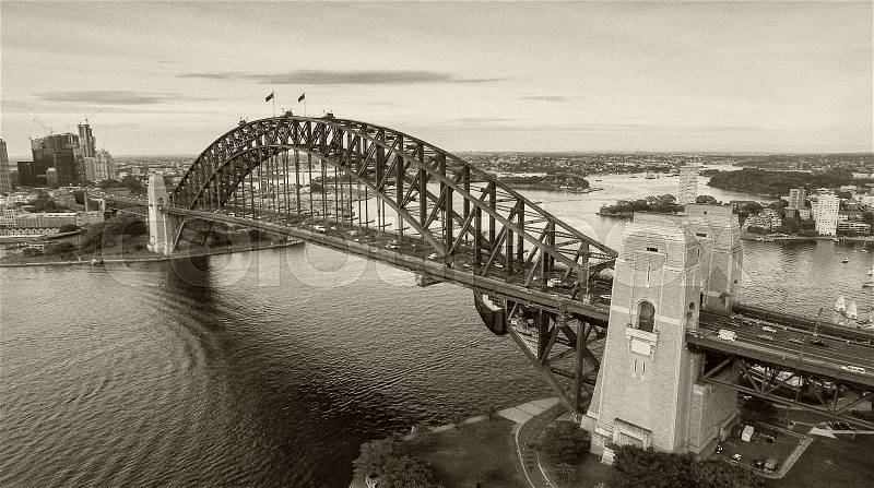 Black and white aerial view of Sydney Harbour, Australia, stock photo