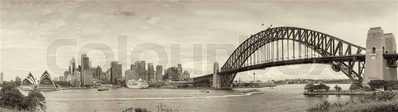 Black and white panoramic view of Sydney harbour, Australia, stock photo