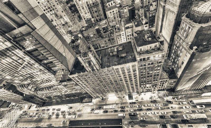 Bird\'s eye view of Manhattan skyscrapers. Top Down photo with street traffic, stock photo