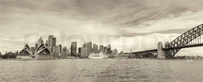 Black and white panoramic view of Sydney harbour, Australia, stock photo