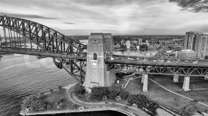 Black and white aerial view of Sydney Harbour, Australia, stock photo