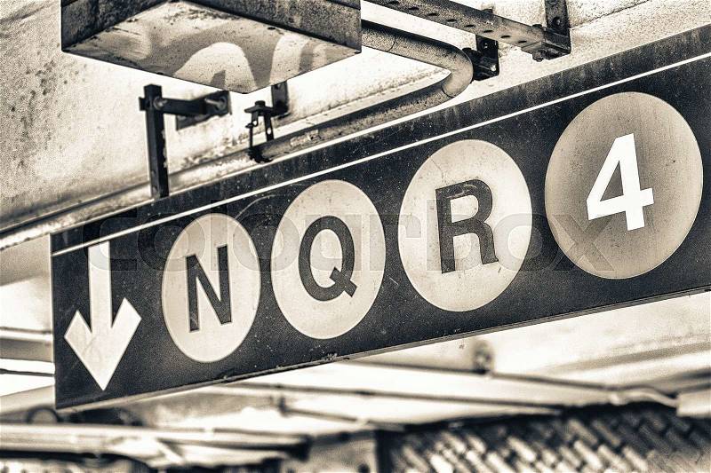 New York subway signs. N Q R 4, stock photo