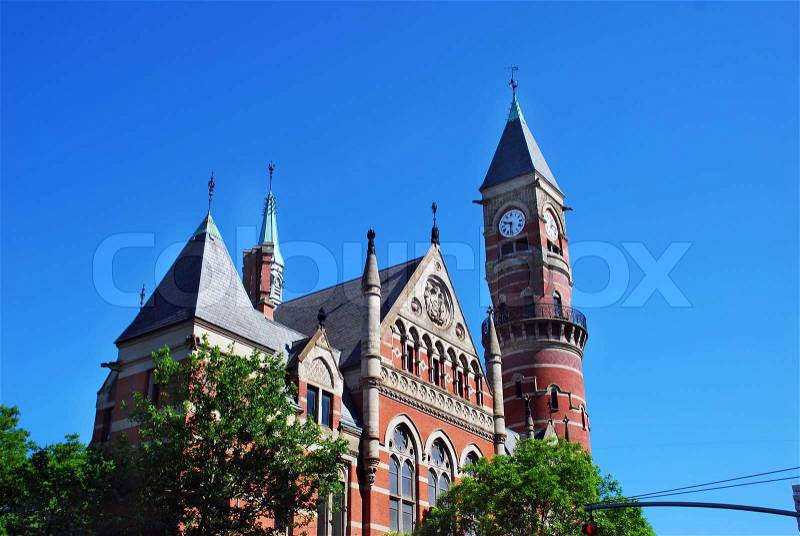 Top of old brick skyscraper in New York City with bushes and plants on roof, stock photo