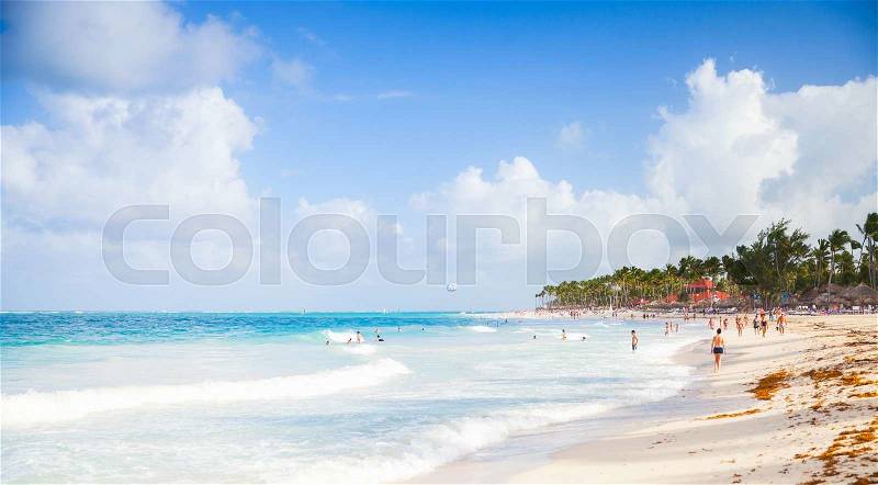 Coastal Caribbean landscape. Beach on Atlantic ocean coast, Hispaniola island, Dominican republic. Punta Cana, stock photo