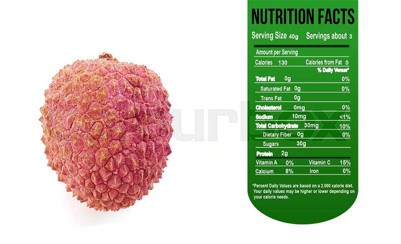 Lychee on white background with Nutrition facts label, stock photo