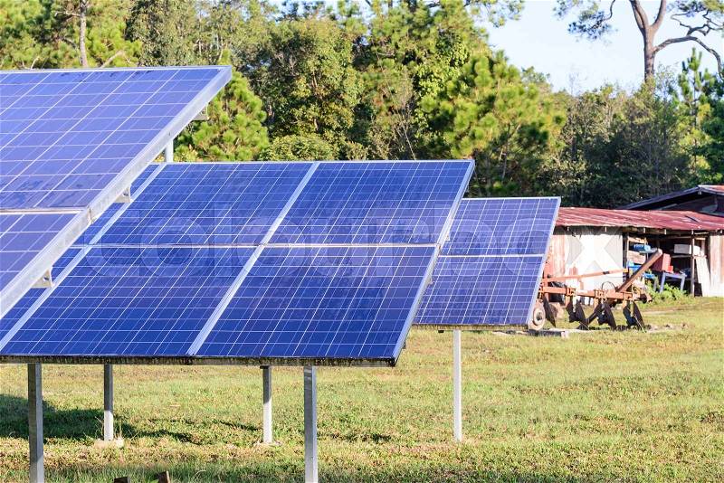 Solar cells for renewable solar energy with sun, stock photo