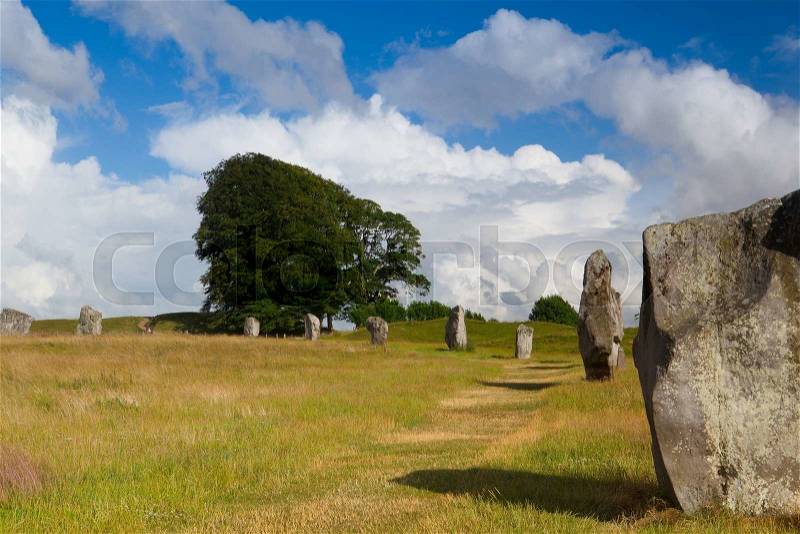 Stone circle in Avebury. It is the largest stone circle in the world. Great Britain, stock photo