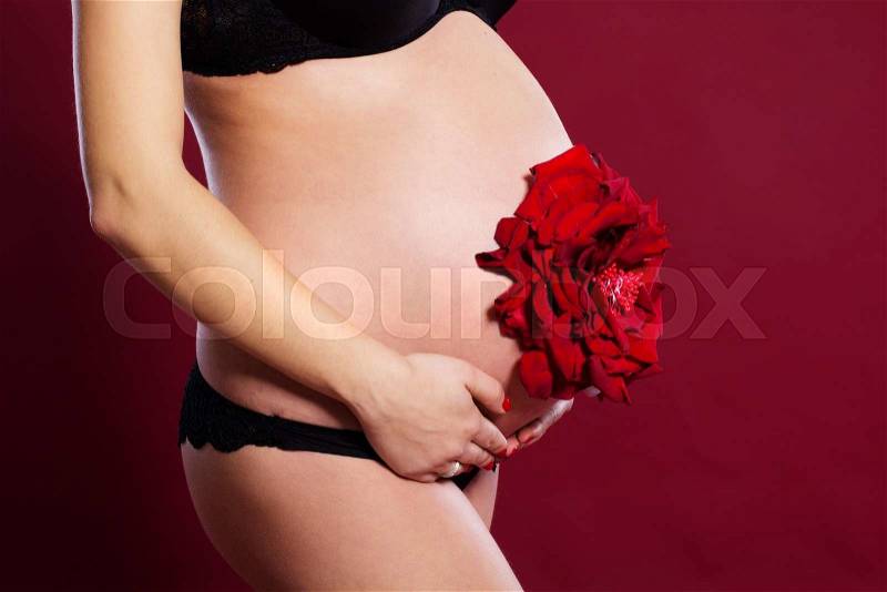 Closeup picture of pregnant belly with red rose flower isolated on red, stock photo