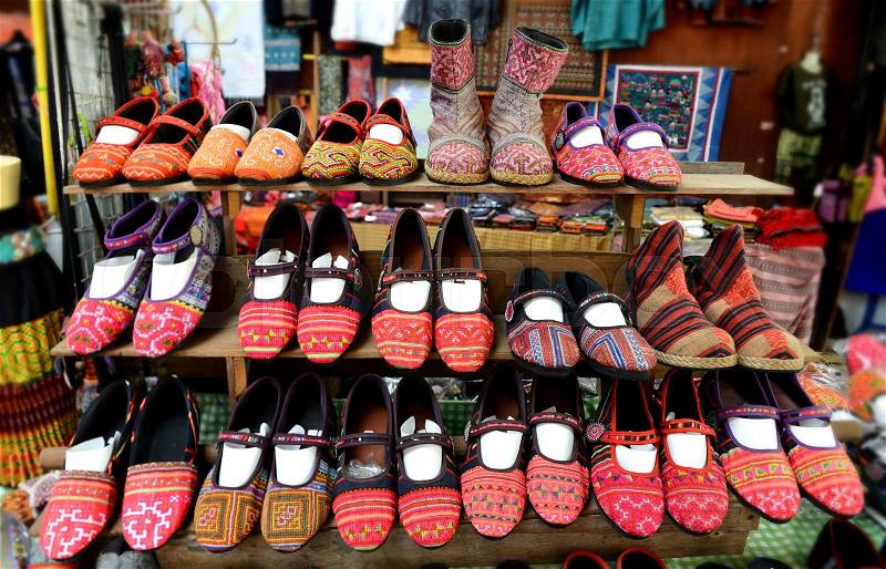 Native handmade shoe sale on mountain of thailand, stock photo