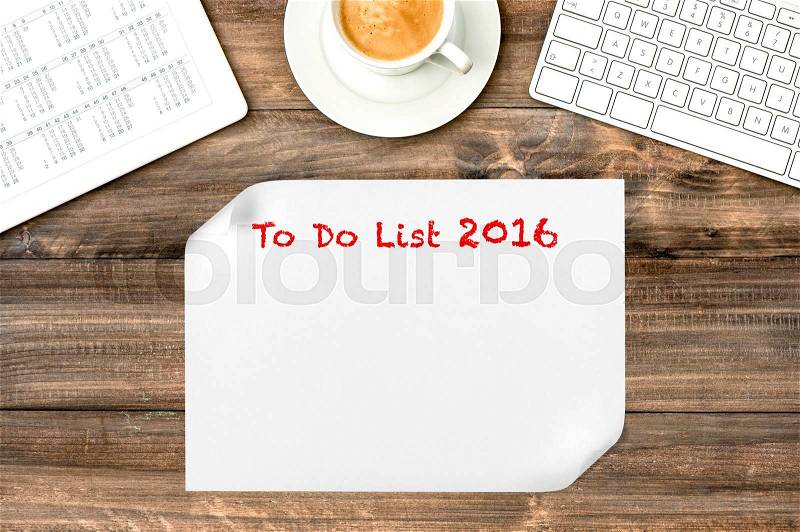 Digital tablet with calendar. To Do List 2016. Office desk mock up, stock photo
