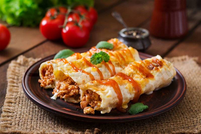 Meat cannelloni sauce bechamel, stock photo