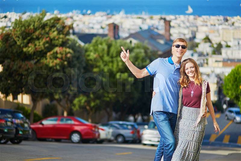 Romantic loving couple having a date in San Francisco, California, USA, stock photo
