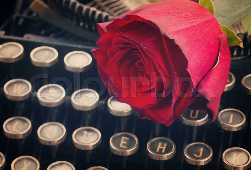 One fresh red rose on vintage typewriter with love word close up, retro toned, stock photo