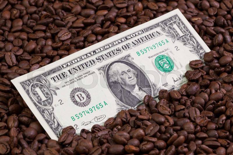 Coffee beans and US dollar banknote, stock photo