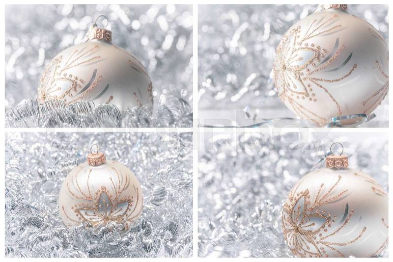 Christmas balls decorations on white background. New Year Collage, stock photo