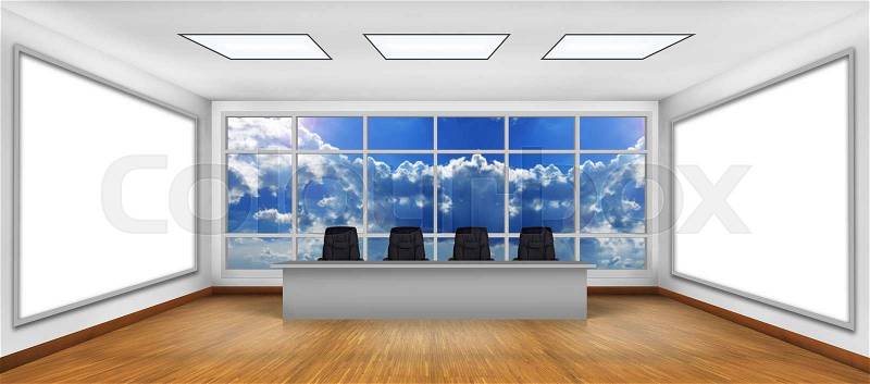 Modern boardroom. Two big white TV screen, stock photo