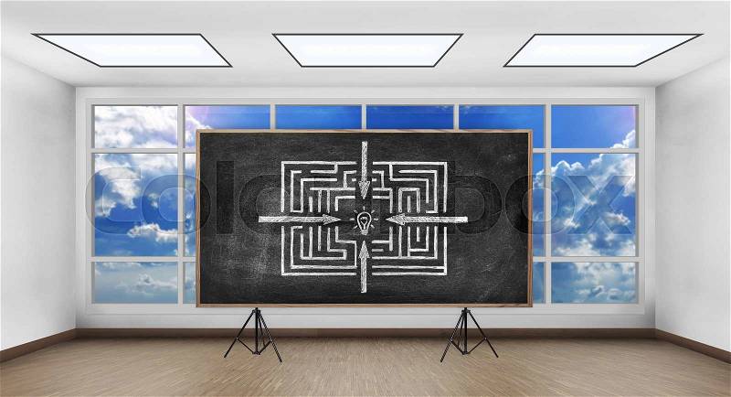 Chalk board with drawing way to success concept in white room, stock photo