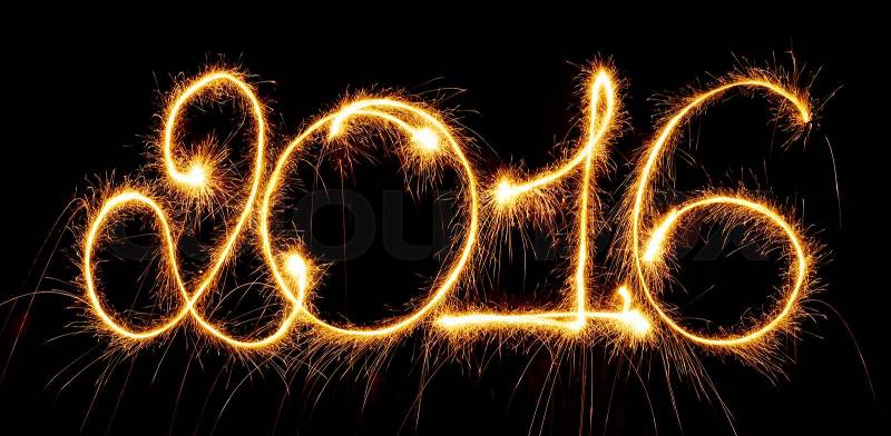 Happy New Year - 2016 made with sparklers on black background, stock photo
