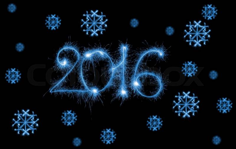 Happy New Year - 2016 with snowflakes made by sparklers on black background, stock photo