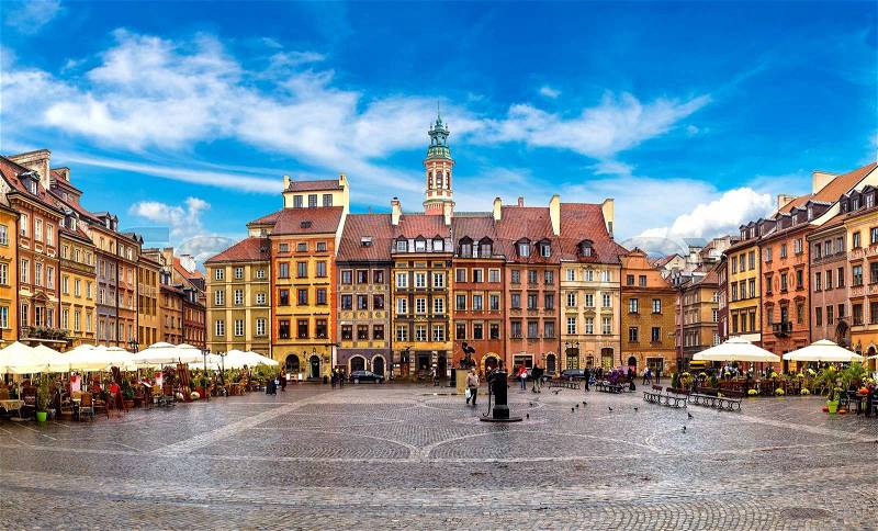 Old town square in Warsaw in a summer day, Poland, stock photo
