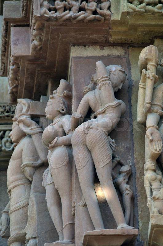 Carvings on Temple walls at Khajuraho AD 930-950, stock photo