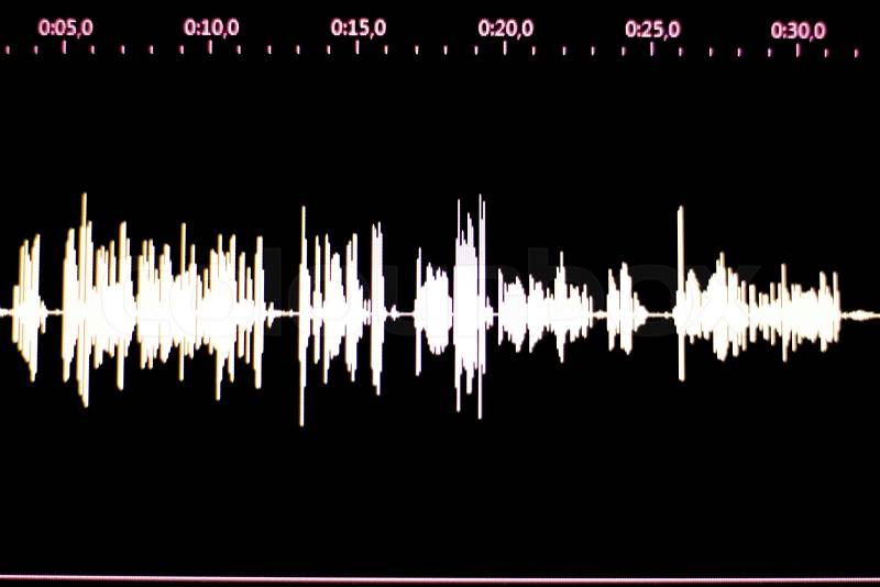 Audio studio digital voice recording voiceover sound wave on computer screen, stock photo