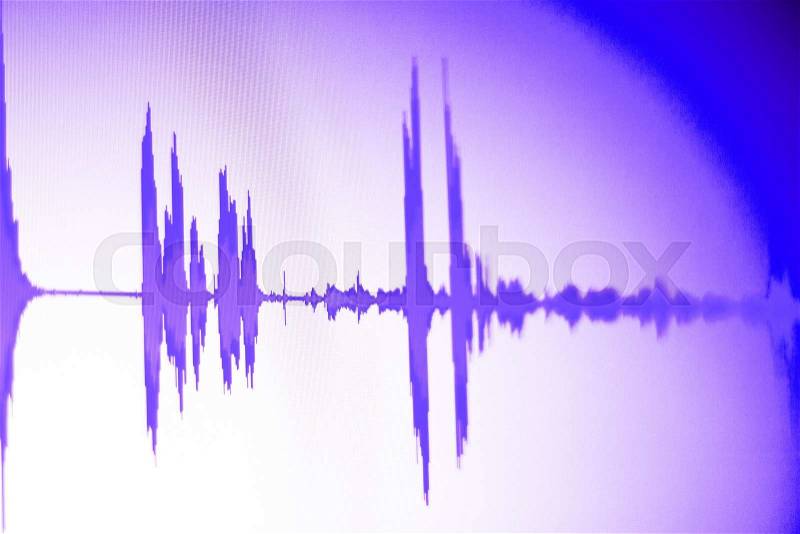 Audio studio digital voice recording voiceover sound wave on computer screen, stock photo