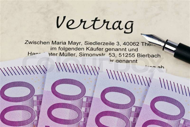 Many Euro notes and contract. Costs for contract establishment, stock photo