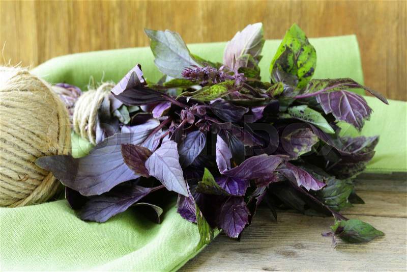 Bunch of purple basil on a wooden table, stock photo