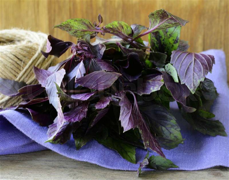 Bunch of purple basil on a wooden table, stock photo