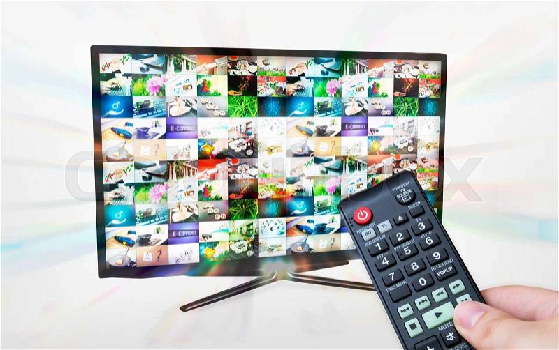 TV with multiple images gallery. Streaming glow effect. Hand hold remote control, stock photo