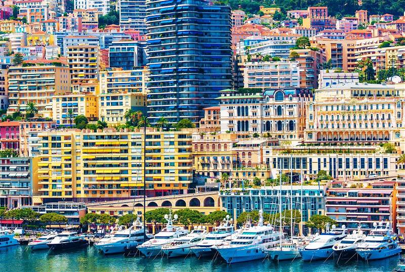 Monte Carlo Urban Scene. Monaco, Europe. Monte Carlo Marina and the Colorful Cityscape, stock photo