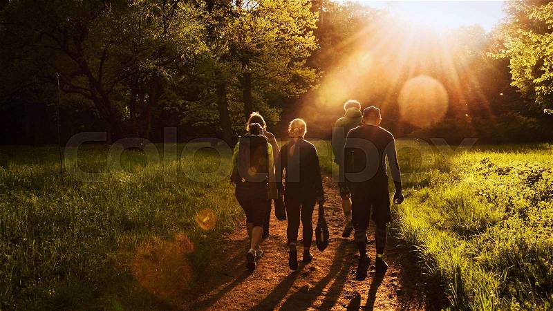 Group of friends walking with backpacks in sunset from back. Adventure, travel, tourism, hike and people friendship concept, stock photo