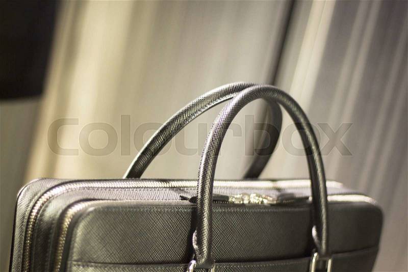 Store window man bag luxury leather briefcase photo, stock photo