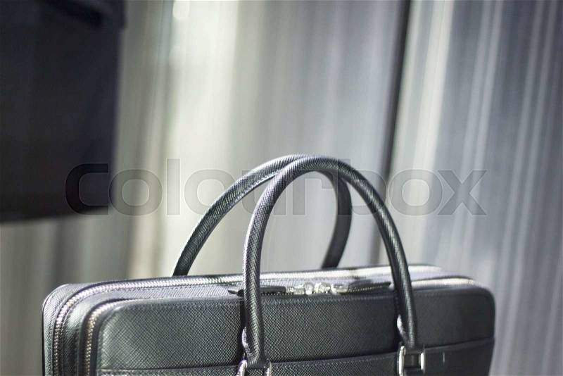Store window man bag luxury leather briefcase photo, stock photo