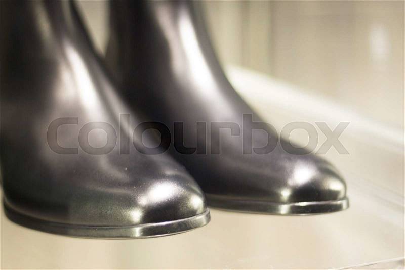 Men\'s black leather luxury hand made formal shoes in store window photo, stock photo