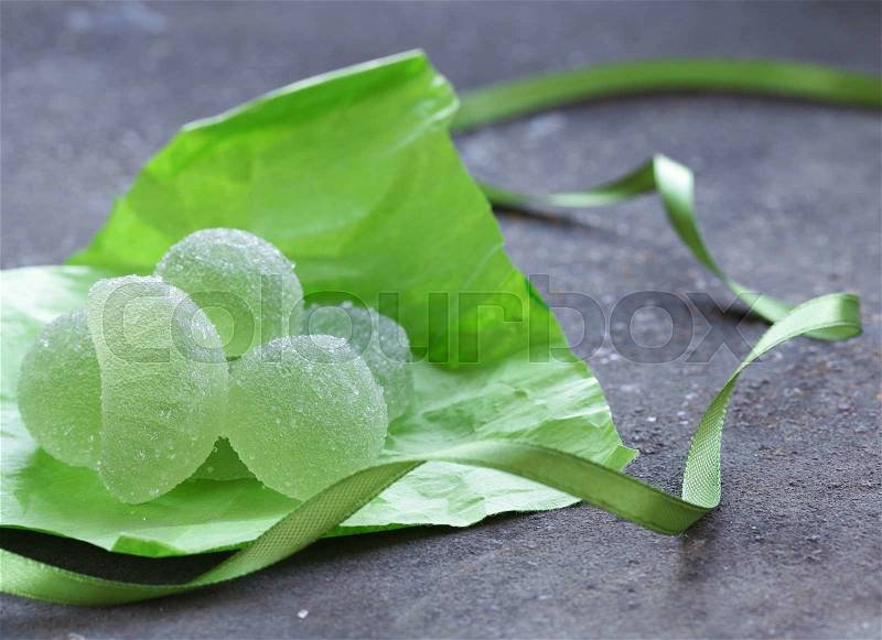 Green homemade fruit jellies jujube marmalade with mint flavor, stock photo