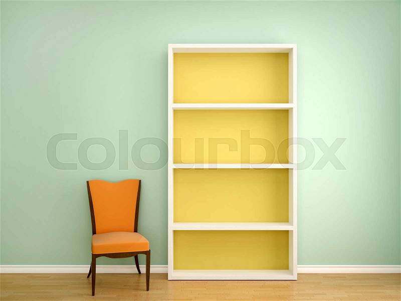 3d illustration of the chair and open the empty shelves of books in the interior, stock photo