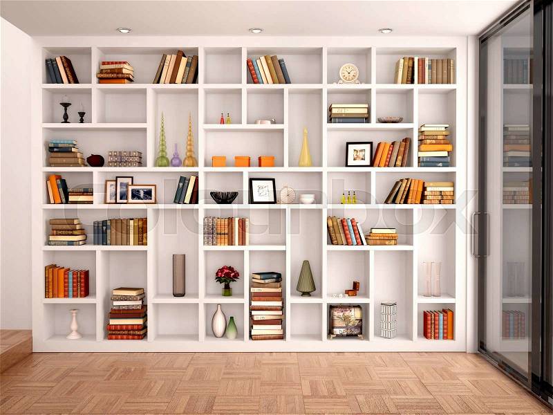 3d illustration of White shelves in the interior with various objects, stock photo