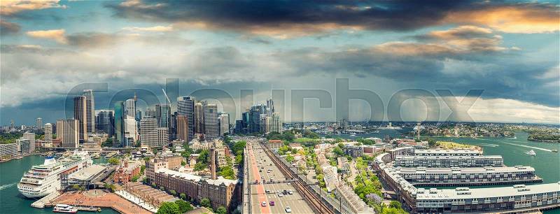 Sydney skyline from Harbour Bridge, Australia, stock photo