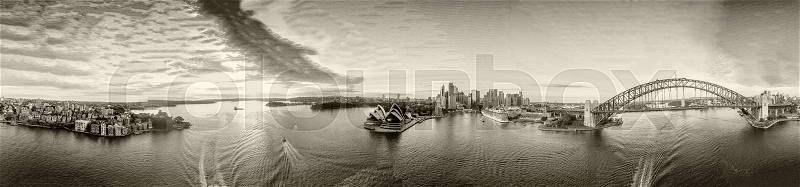 Black and white aerial view of Sydney. 360 degrees panoramic, stock photo
