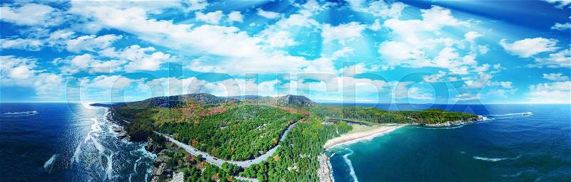 Beautiful aerial panoramic view of Acadia National Park in Maine, stock photo