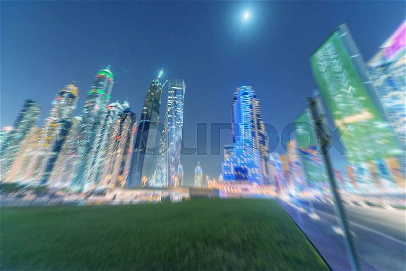 Blurred view of Dubai buildings, stock photo