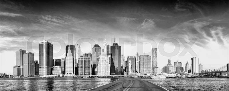 Road to New York City. Holiday and travel concept. Black and white, stock photo