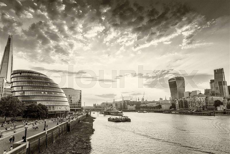 Black and white aerial view of London landmarks, stock photo