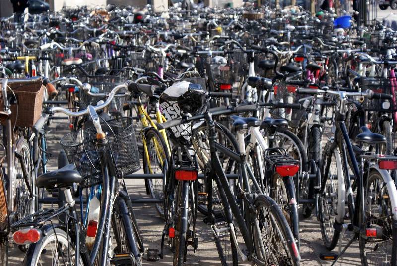 Bike culture Copenhagen. Bike parking facilities, stock photo