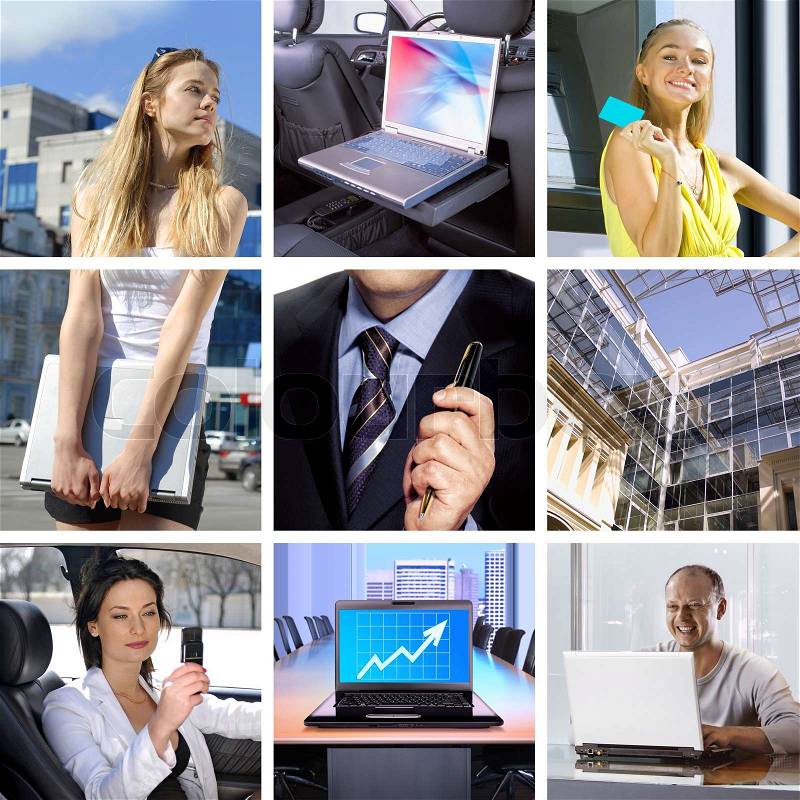 Collage consisting of many pictures on business subjects, stock photo