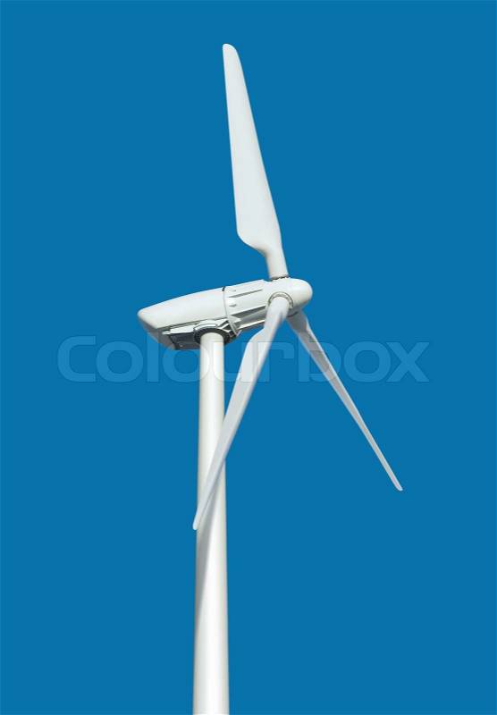Wind turbine generating electricity on blue background with path, stock photo