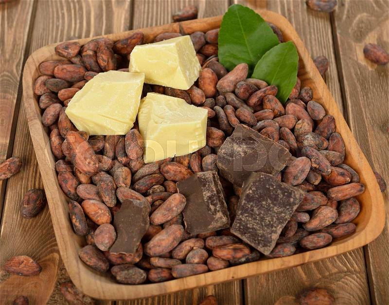 Cocoa beans, cocoa butter and cocoa mass on brown background, stock photo