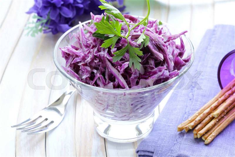 Cole Slaw salad of red cabbage with parsley and mayonnaise, stock photo